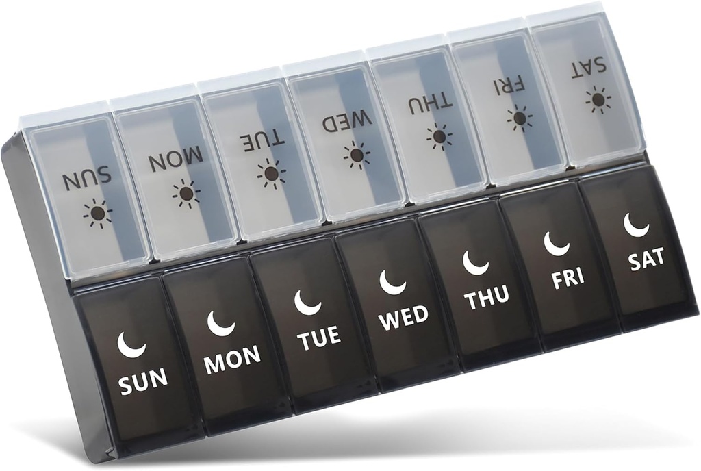 Große Pille Organizer 2 Mal pro Tag, Wöchentliche Pille Fall, AM PM Pille Box, Tag Nacht Pille Container 7 Tage, Vitamin Case Medicine Dispenser zweimal pro Tag (Schwarz & Weiß)