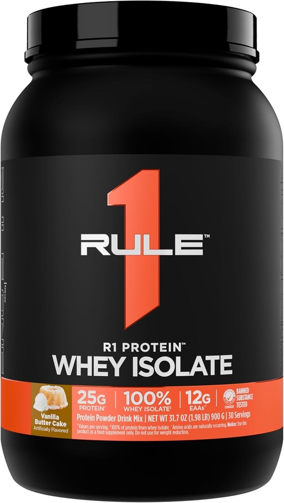 Regel 1 R1 Protein Whey Isolate - mit 25g Protein & 6g BCAA Exklusiv von isolierten & hydrolysierten Quellen für Workout Recovery (2 Pfund*, Vanilla Butter Cake)