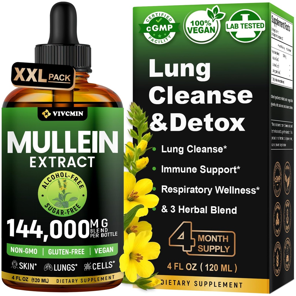 Gouttes de Mullein pour les poumons avec réglisse et astragalus, support respiratoire et immunitaire, désintoxication pulmonaire pour les fumeurs Teinture, extrait de feuille de Mullein pour le nettoyage pulmonaire, sans sucre et sans alcool, 4 fl oz