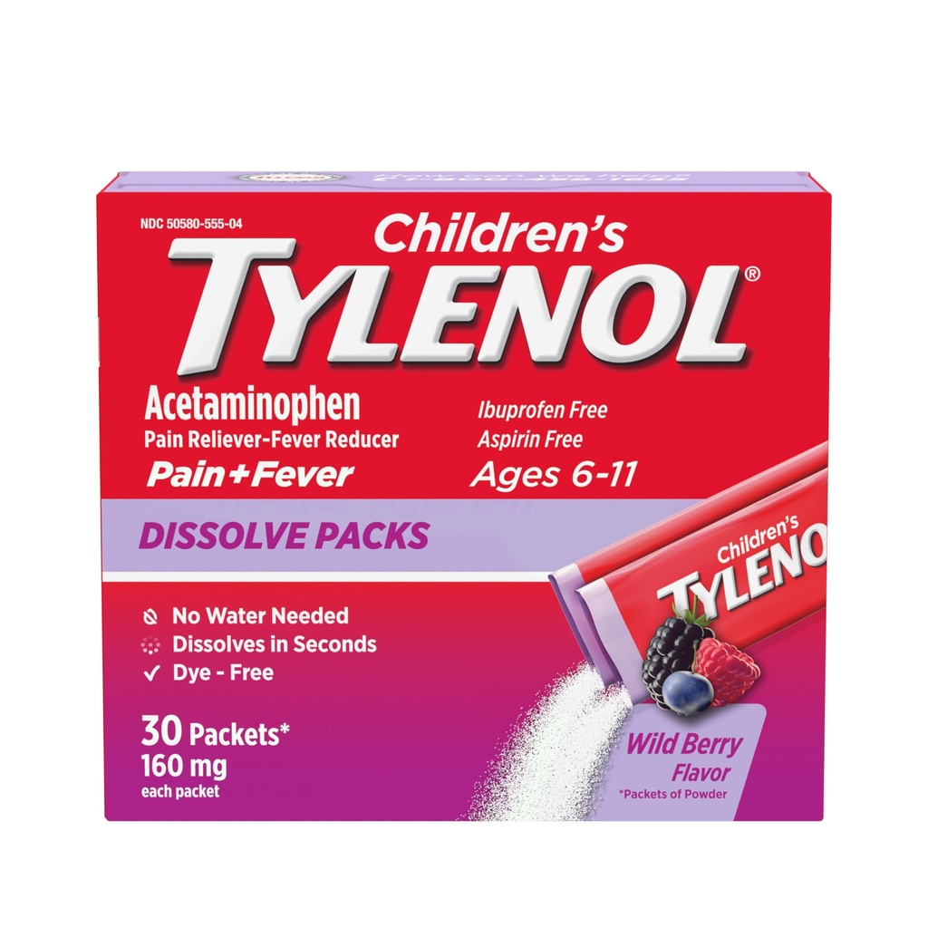 Tylenol pour enfants Dissoudre les boîtes pour soulager la douleur, médicaments contre la fièvre, 160 mg d'acétaminophène, sans colorant, en poudre pour enfants pour soulager les symptômes du rhume et de la grippe; Farine de baies sauvages, 30 ct.; boîte de 1