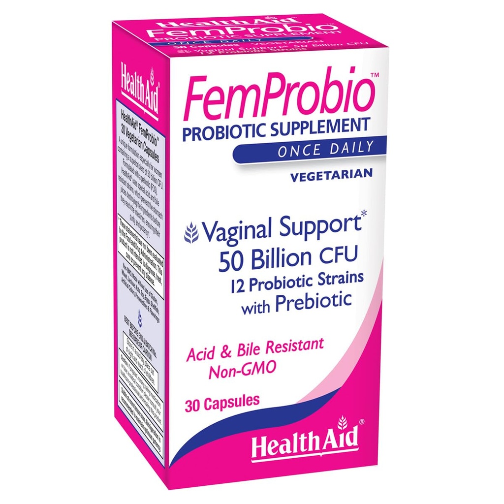 HealthAid FemProbio – Einmal probiotisch mit Prebiotic Fiber | 50 Billion CFU | 30 Vegetarische Kapseln | Säure & Bile Resistant, Lactose, Gluten & GMO-frei