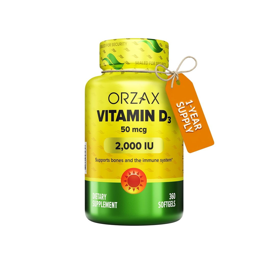 ORZAX Vitamine D3 2000 iu (50 mcg) – Non-OGM, sans gluten, sans sucre, sans lait – 1 an d'approvisionnement pour la fonction musculaire forte et le soutien immunitaire – supplément d'humeur pour le bien-être (360 Softgel)