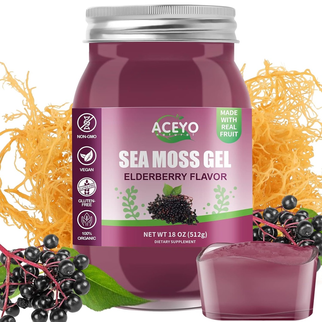 ACEYO (18 OZ) Irish Elderberry Sea Moss Gel Organic Raw Vegan Flavor 102 Vitamine und Mineralien Wild Harvested Non-GMO Immune Defense Booster Schilddrüse Verdauungsunterstützung
