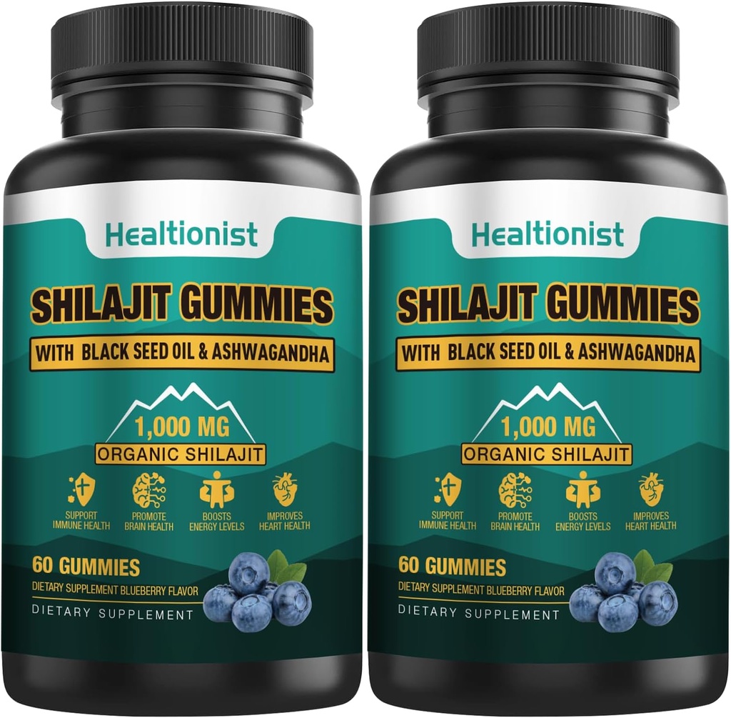2 Packungen 1000 MG Shilajit Ergänzungsgummis mit 85+ Trace Minerals, Fulvic Acid, Pure Organic Shilajit Himalayan Gummy für Männer und Frauen, Energie, Gehirn, Immunität Suport - 120 Zähler