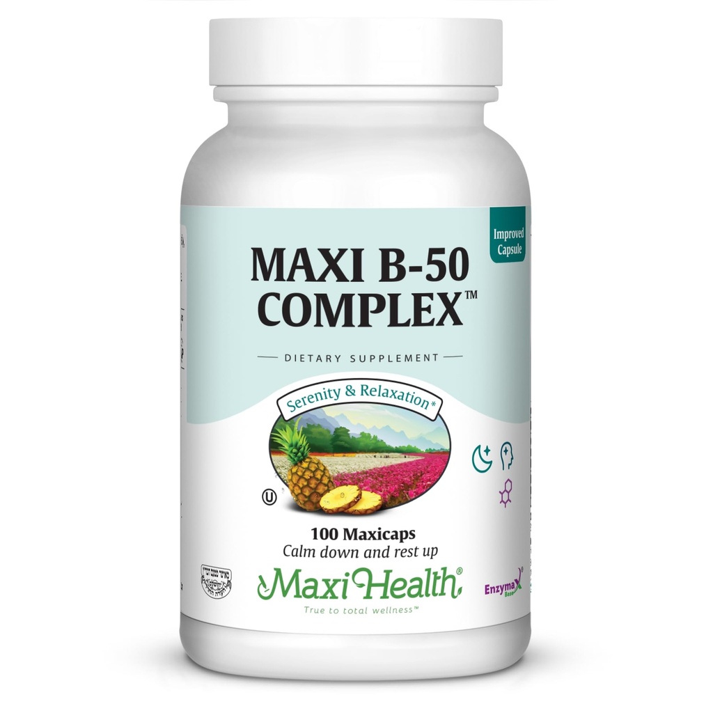 Maxi Health Vitamine B Complex – Vitamines complexes B-50 à haute puissance avec B1, B2, B3, B6, B12, Biotine & Folate – Soutenir l'énergie cellulaire et la clarté mentale – Casher – 100 capsules