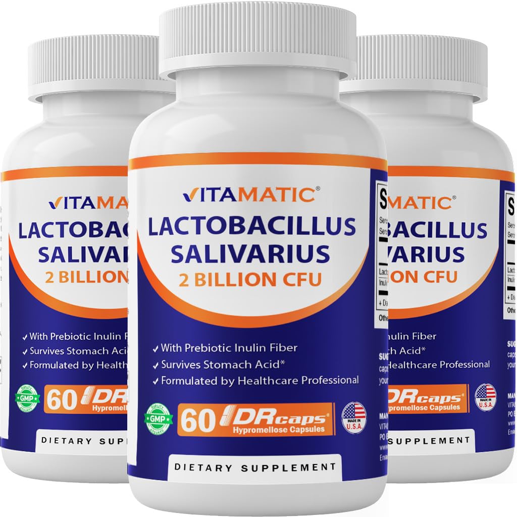 Vitamatic Lactobacillus Salivarius 2 milliards par DR Capsule - 60 Compte - Soutien digestif - Fabriqué avec la fibre d'inuline prébiotique (3 bouteilles)