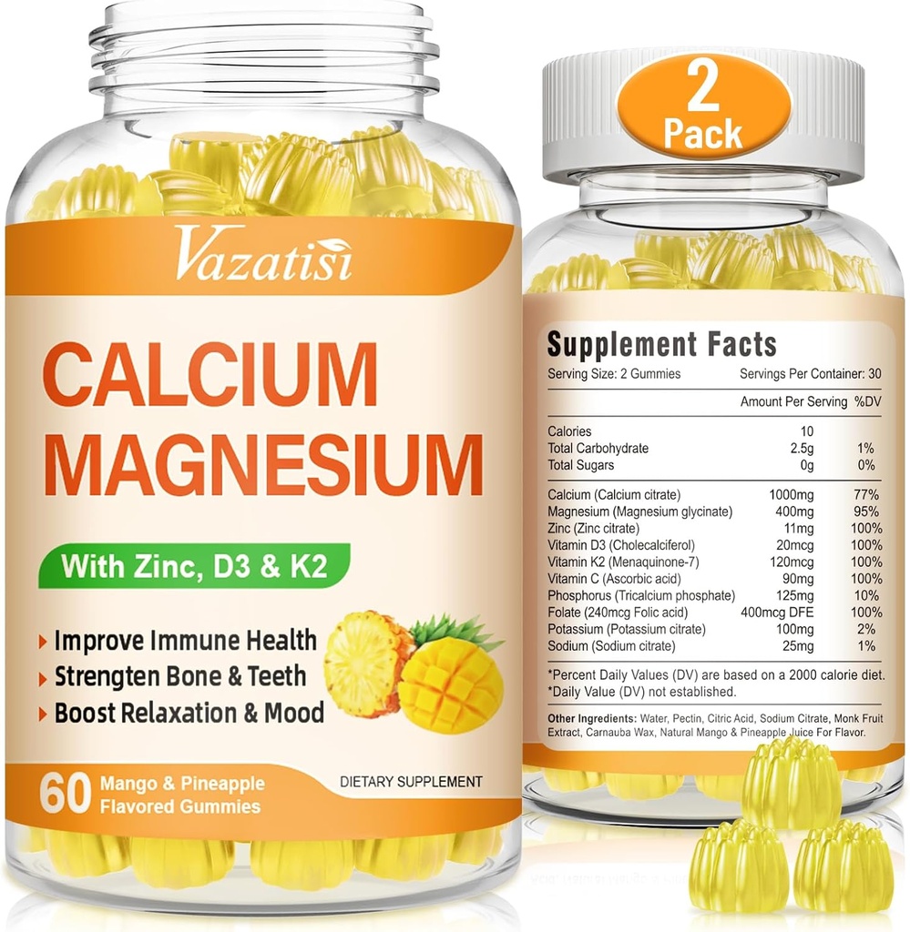 Calcium Magnesium Zink-Gummien mit Vitamin D3 und K2, hohe Absorption Magnesium-Glycinat-Kalium für Immun- und Kalm-Mood, Vegan Mango und Ananas Flavor 120 Gummis