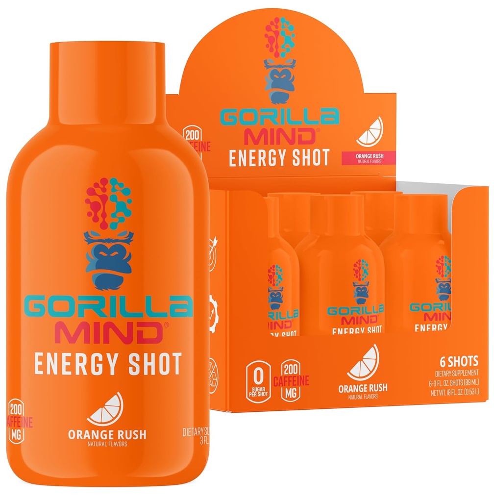 Tirs énergétiques en mode Gorilla (6-Pack) - Tirs énergétiques pour une mise au point et une énergie améliorées, sans sucre, à action rapide, formule potent avec des vitamines et des extraits naturels (Orange Rush)