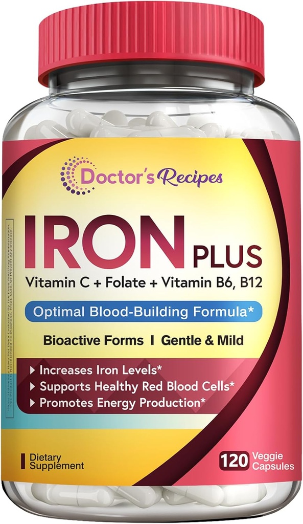 Doctor's Recipes Iron Supplement für Damen - Sanftes Eisenbisglycinat mit Vitamin C, B6, Folate & B12 - Non-Constipating & Stomach Friendly Iron Pills for Blood & Energy Support, 120 Vegan Caps