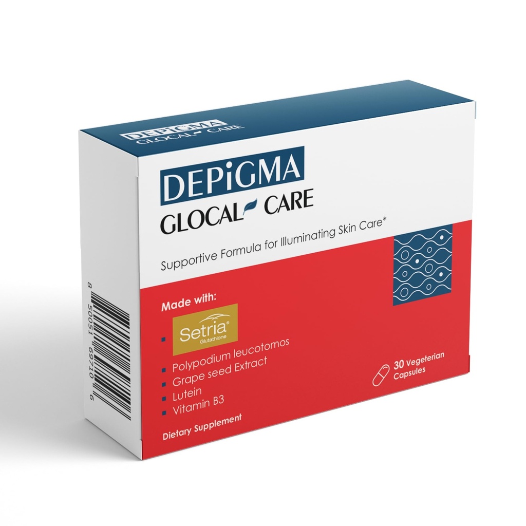 GlocalCare Depigma Support Réduction de l'hyperpigmentation, Melasma et taches foncées avec le glutathion, Polypodium Leucotomos, Graines de raisin et Extrait de Marigold