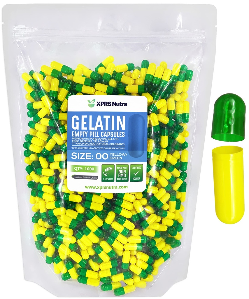XPRS Nutra Size 00 Empty Capsules - 1000 Count Empty Gelatin Capsules - Pills DIY Capsule Filling - Fillable Pill Gel Caps for Do-It-Yourself Supplements (Green/Yellow)