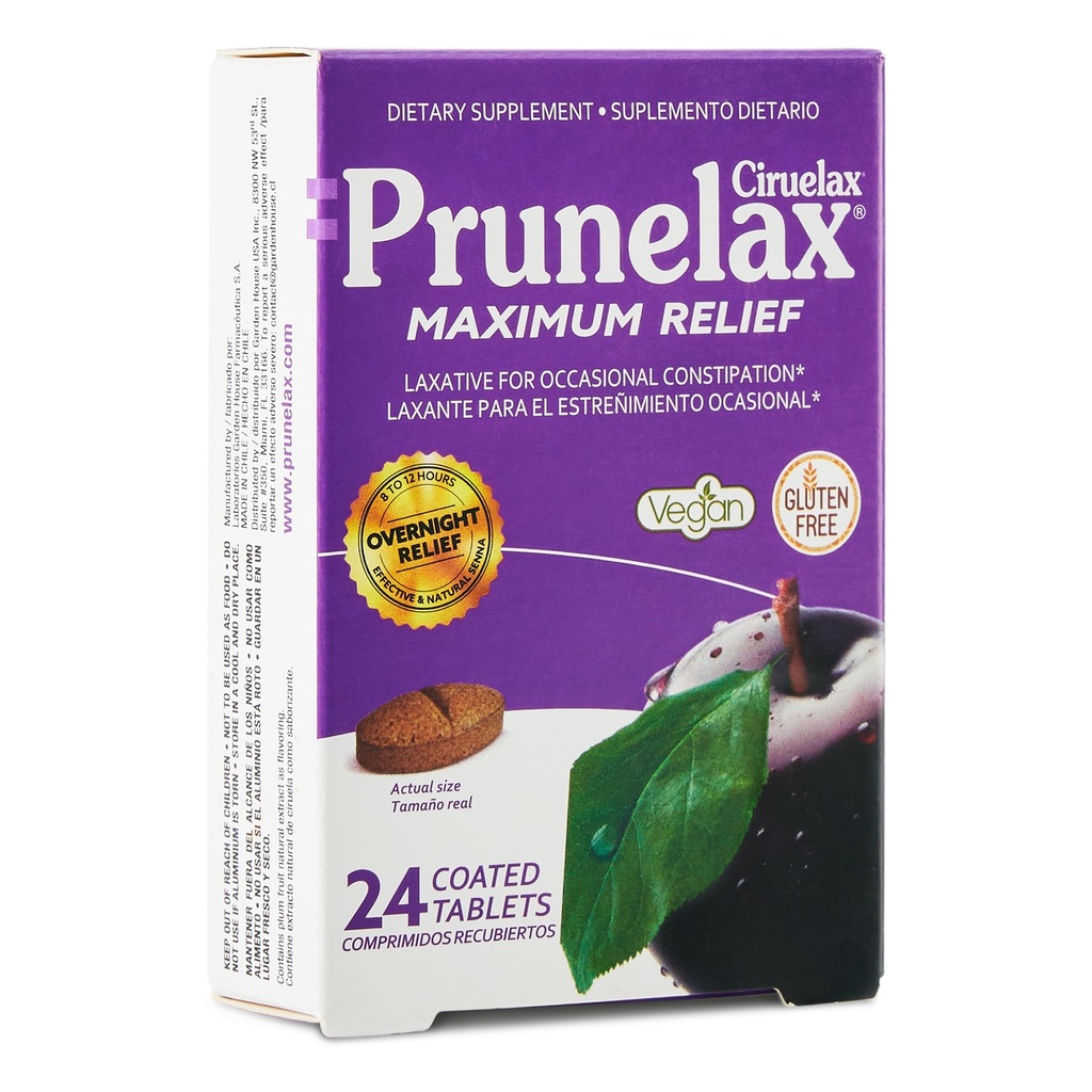 Prunelax Ciruelax Maximum Relief Laxative Tablets mit natürlichem Senna für kirchliche Verstopfung, Senna Extract, Vegan & Glutenfrei, Sanfte Übernachtentlastung - 24ct