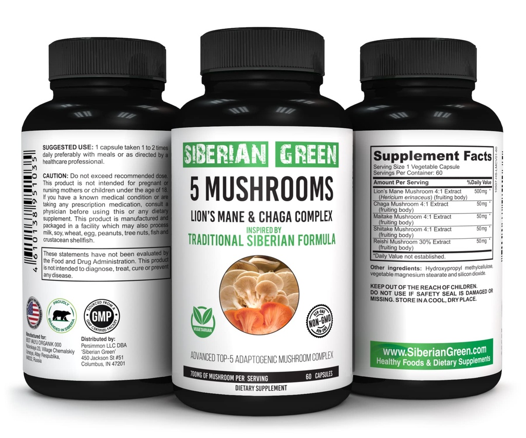 Vert Sibérien 5 Champignons Lions Mane Chaga Shiitake Maitake Reishi - 60 Capsules