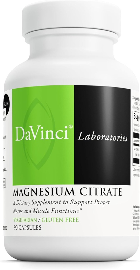 DaVinci Labs Magnesium Citrat - Nahrungsergänzungsmittel zur Unterstützung von Muskel-Gesundheit, gesunden Nerven und Mineralabsorption* - mit 140 mg Magnesium pro Servierung - Glutenfrei - 90 Gemüsekapseln
