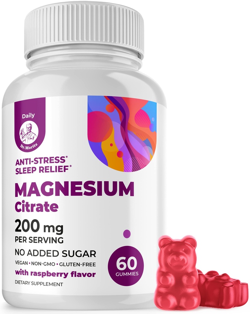 DR. MORITZ Magnesium-Zitrat-Gummien für Erwachsene - Sugar-Free Calm Magnesium-Gummien - Unterstützt eine gesunde Stress-Reaktion - Raspberry Flavor - Non-GMO, 200 mg (60 Count)