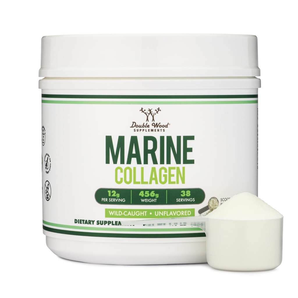 Suppléments en double bois Poudre de collagène marin (1 LB / 16 OZ de Peptides de collagène marin à dissolution rapide) Wildcaught, non aromatisé, micronisé - Scoop inclus, pas de remplissage (38 portions de 12 grammes chacune)