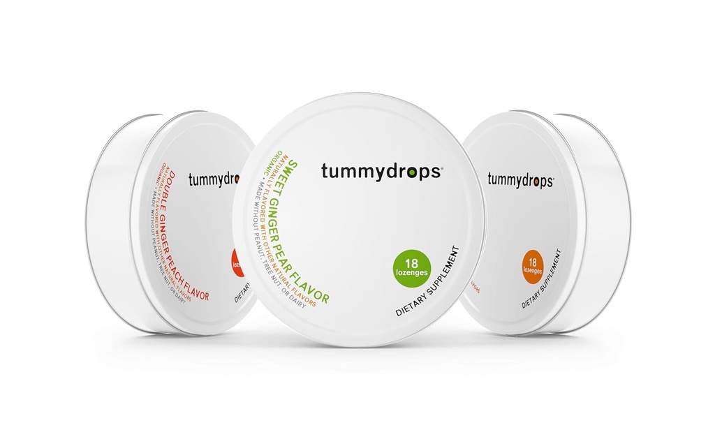 Tummydrops Organic Ginger Goodness Pack (1 Zinn je Spicy Ginger, Sweet Ginger Pear, & Double Ginger Peach). Gluten Free & Vegan. 54 Individuell Wrapped Organic Ginger Lozenges.