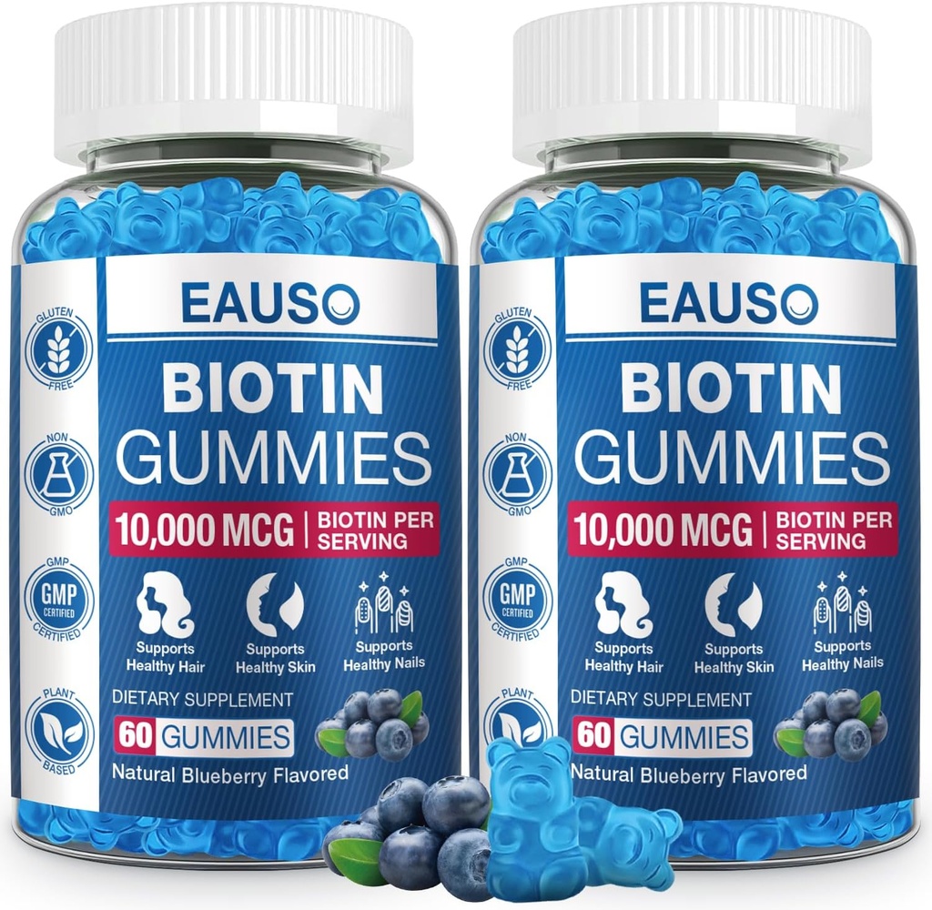 (2 Pack) Biotin Gummies 10.000mcg für gesundes Haar, Haut und Nägel für Erwachsene - 120 Gummi Vitamin - Vegan, Non-GMO, Pectin-Based Hair Health Supplement