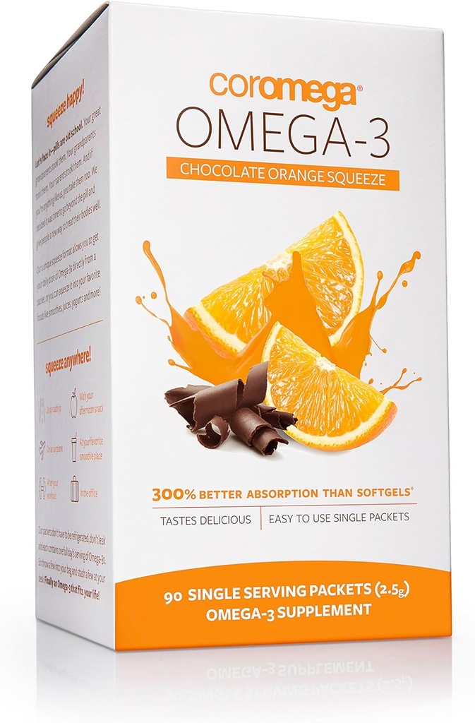 Coromega Omega 3 Fischöl-Ergänzung, 650mg Omega-3s mit 3X besserer Absorption als Weichgel, Schokolade Orange Geschmack, 90 Single Serve Squeeze Packets