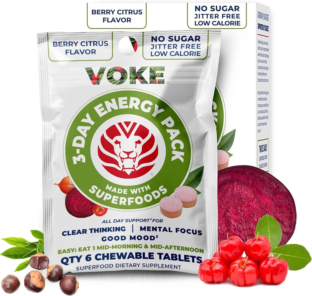 Comprimés d'énergie de Voke - Comprimés croustillants ultrarapides, Pocket Portable, Conditionnement refermable, Vitamine C, Soutient la concentration de la mémoire focale pensée claire et bonne humeur.