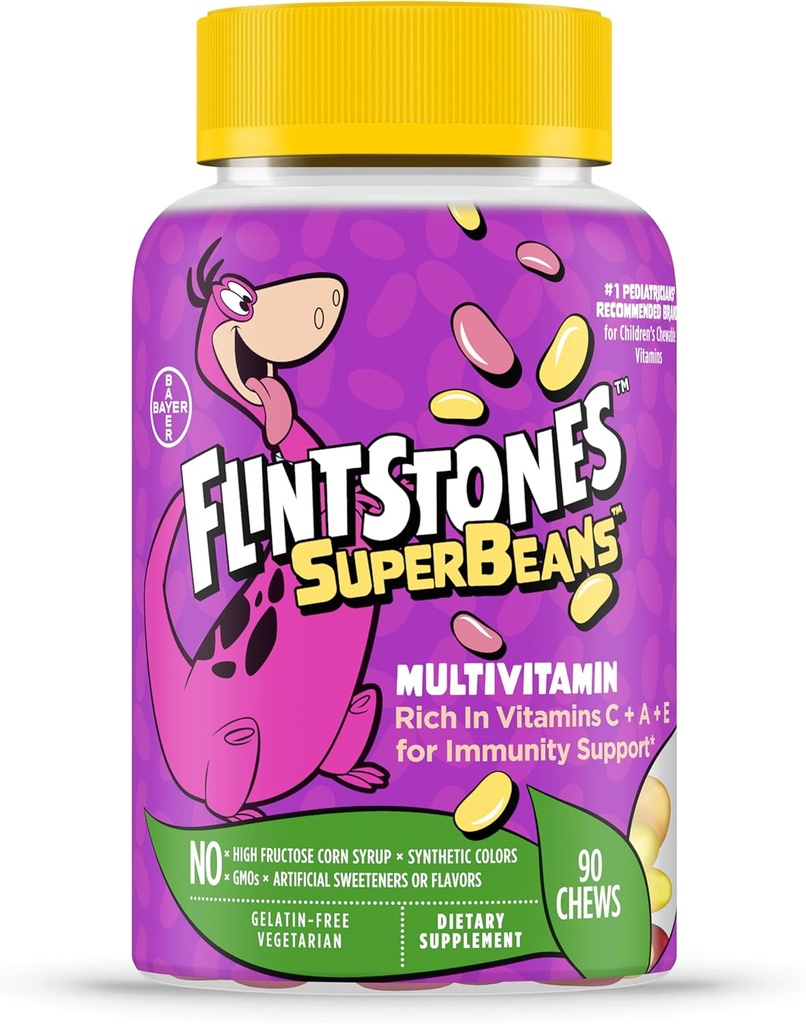 Flintstones Vitamine SuperBeans,Kids Multivitamin mit Immununterstützung mit Vitaminen A,D,Iodine&Zinc zu unterstützen gesundes Wachstum,Fruit Flavored,Vegetarisch,Jelly Bean Chews,90 Count(Verpackung kann variieren)