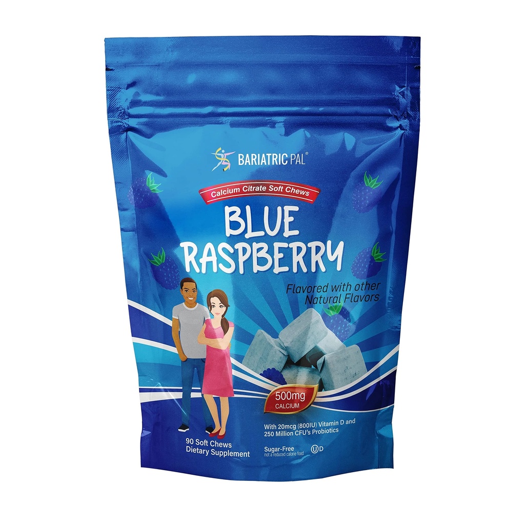 BariatricPal Sugar-Free Calcium Citrate Soft Chews | 500mg mit Vitamin D & Probiotics | Blue Raspberry | 90 Count (1 Monat Versorgung)