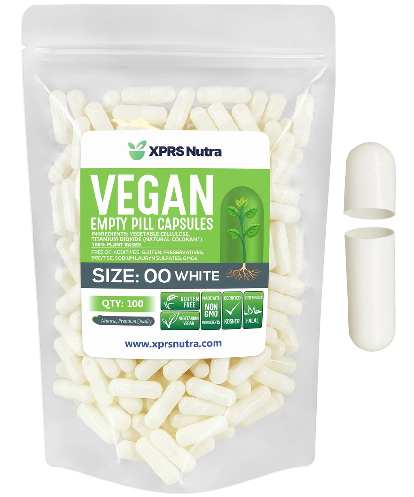 XPRS Nutra Größe 00 Leere Kapseln - 100 Zähler leere vegane Kapseln - Vegetarische leere Pillen - DIY Gemüse Kapsel Füllung- Veggie Pillen Caps (Weiß)