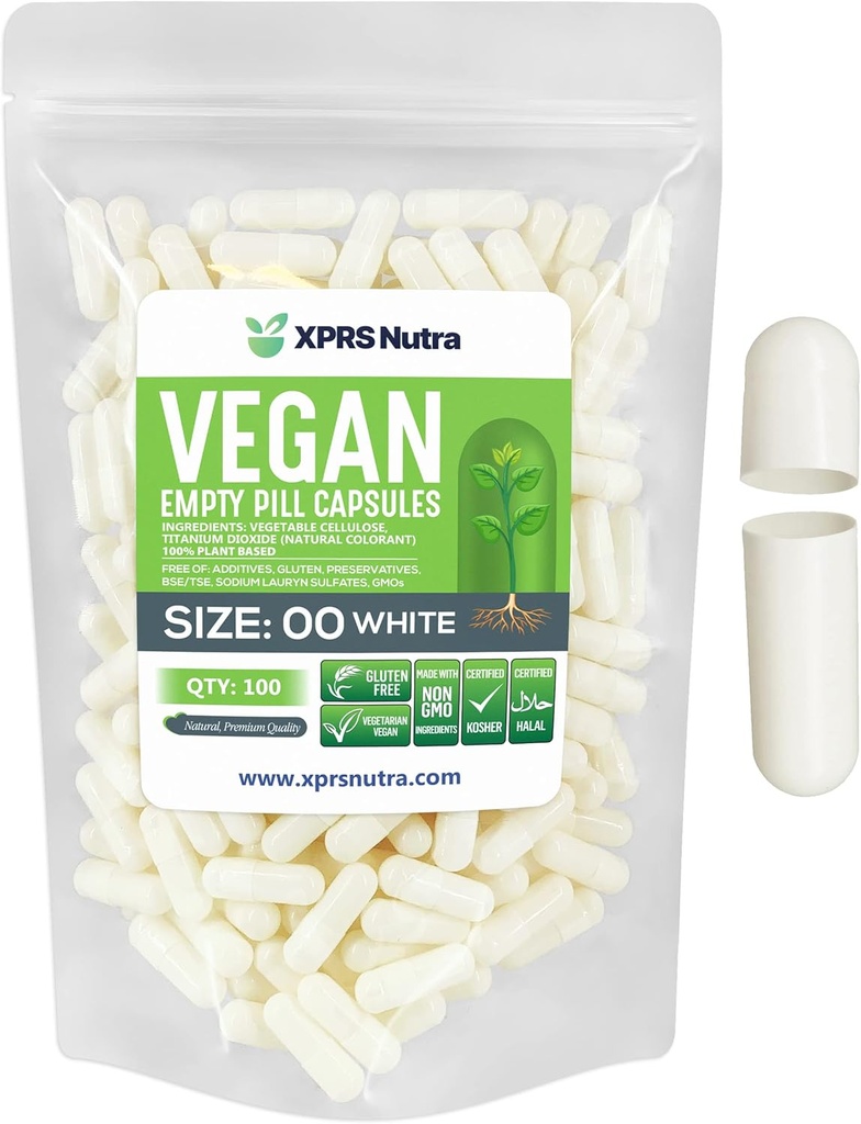 XPRS Nutra Size 00 Empty Capsules - 100 Count Empty Vegan Capsules - Vegetarian Empty Pills - DIY Vegetable Capsule Filling- Veggie Pill Caps (White)