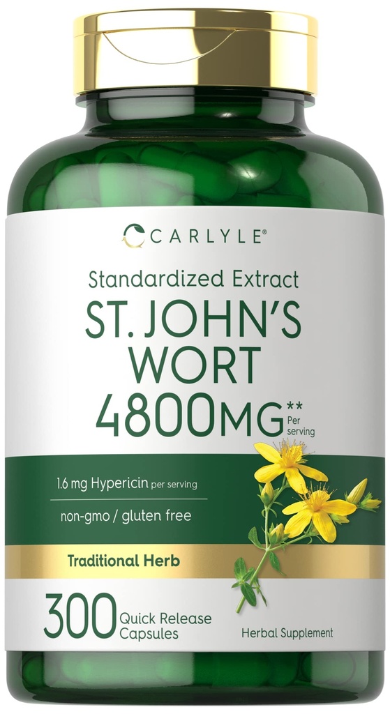 Carlyle St John's Wort Capsules (en anglais seulement) 4800mg (en anglais seulement) 300 Count (en anglais seulement) Supplément sans OGM et sans gluten (en anglais seulement) Extrait normalisé
