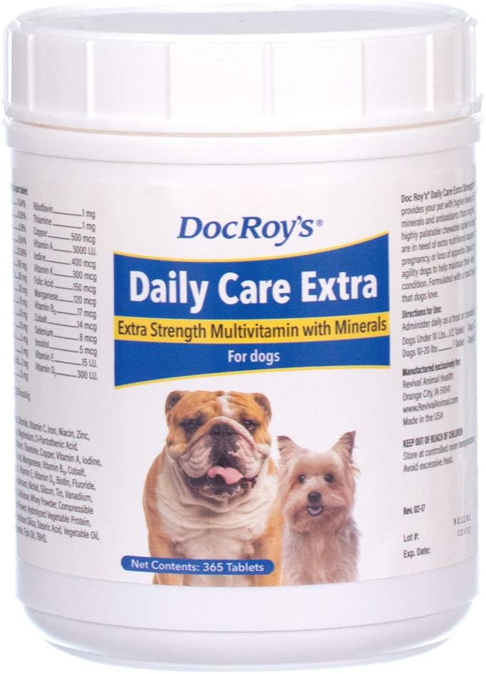 Doc Roy's Daily Care Extra, Advanced Multivitamin für Hunde, unterstützt Energie, Immun, Muskel, Knochen und Gehirn Gesundheit, bietet Vitamine A C D3 E B Complex, Eisen Zink Magnesium Iodine, Made in USA 365 ct