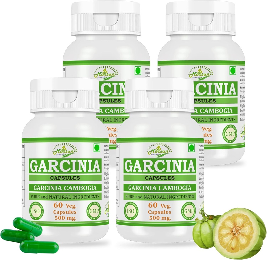 Natürliche und reine Kräuter Garcinia CAMBOGIA (Garcinia) Extrakt Kapseln | Höchste Potenz, 100% pflanzliches Produkt | Packung von 60 X 500 mg. Veg. Kapseln (Pack von 4 Jar)