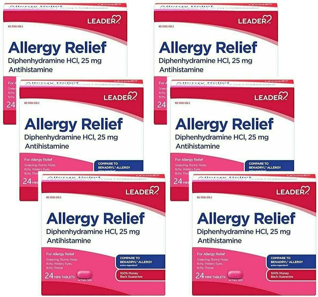 Leader Antihistamin Allergy Relief Diphenhydramin HCl, 25mg Mini Tablets, 24 Count Pack von 6