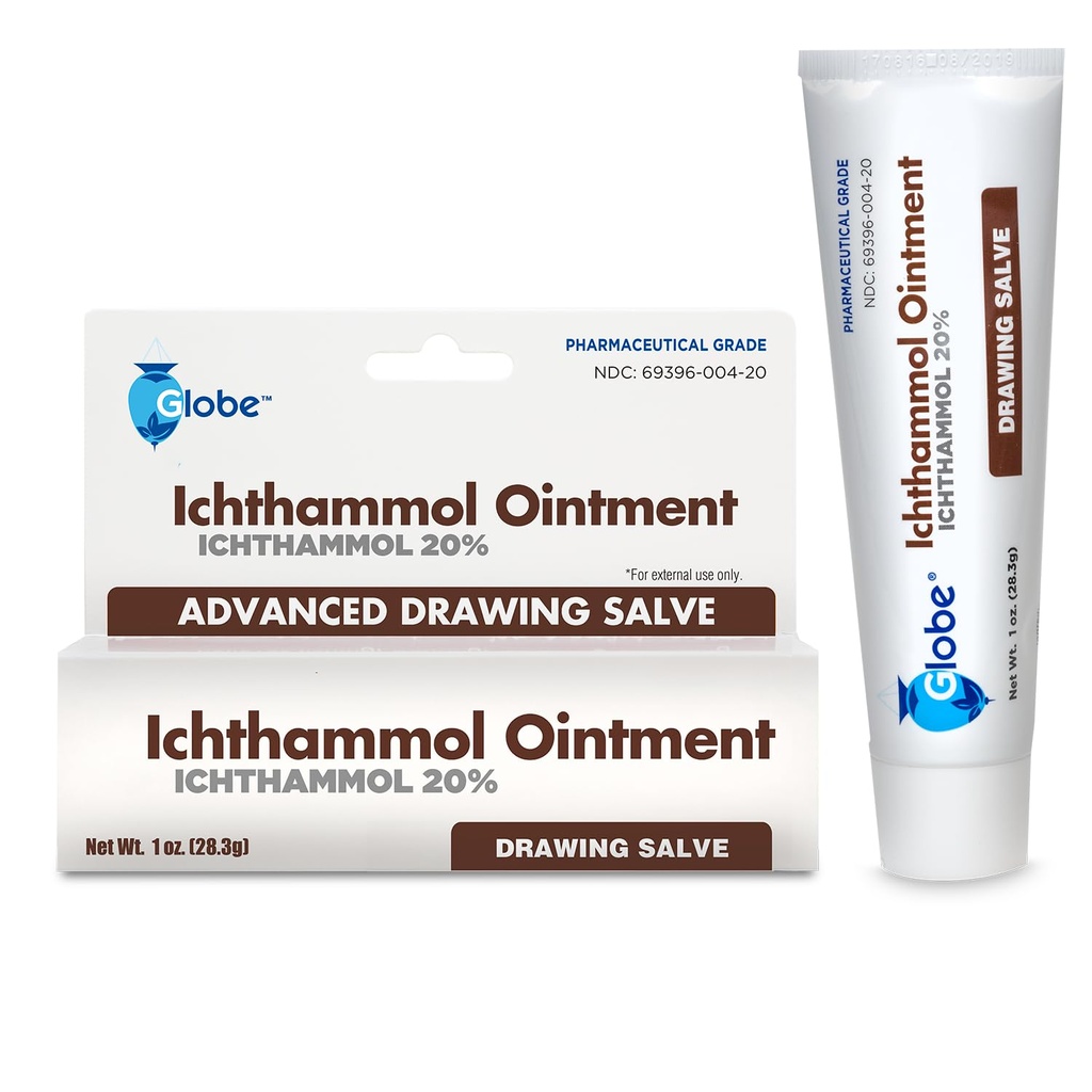 Globe Ichthammol Ointment 20% (Salve de dessin) 1 OZ - Soin apaisant de la peau, traitement de l'eczéma, de l'acné, des boils, des attelles, des piques d'abeilles - Force maximale