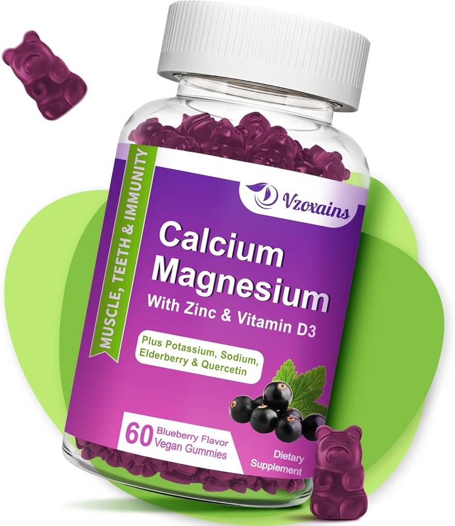 Hohe Absorption Calcium-Gummi, Calcium Magnesium Zink mit Magnesium-Glycinat, Kalium, Vitamin D3 für Damen und Herren-Blaube Flavored 60 Cts