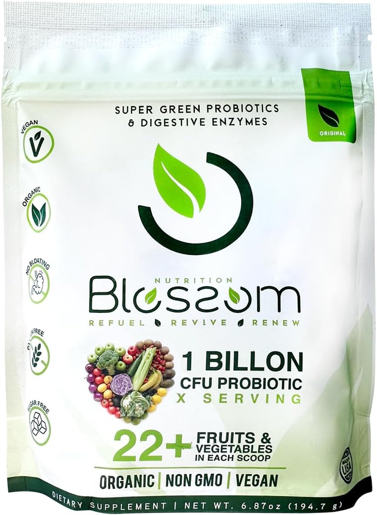 Blossom SuperGreens Probiotics – Verdauungsenzyme mit Pre/ProBiotics for Bloating Relief – 30+ SuperGreens & SuperReds to Boost Energy –Organic, Gluten-Free, No Fiber, 0g Sugar (Lemon Citrus)