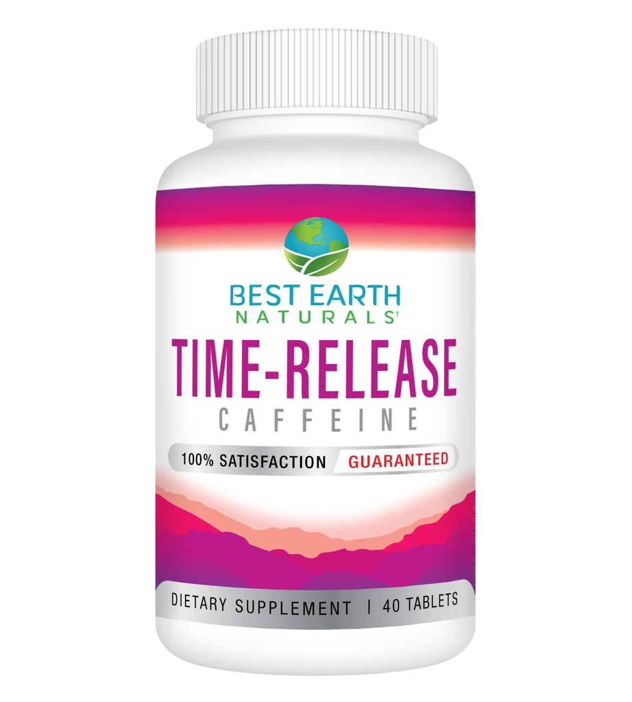 Best Earth Naturals Time Release Koffein mit L-Tyrosin, Vitamin B6, Vitamin B12, Thiamin & More - Energieergänzung für Frauen und Männer - 40 Count