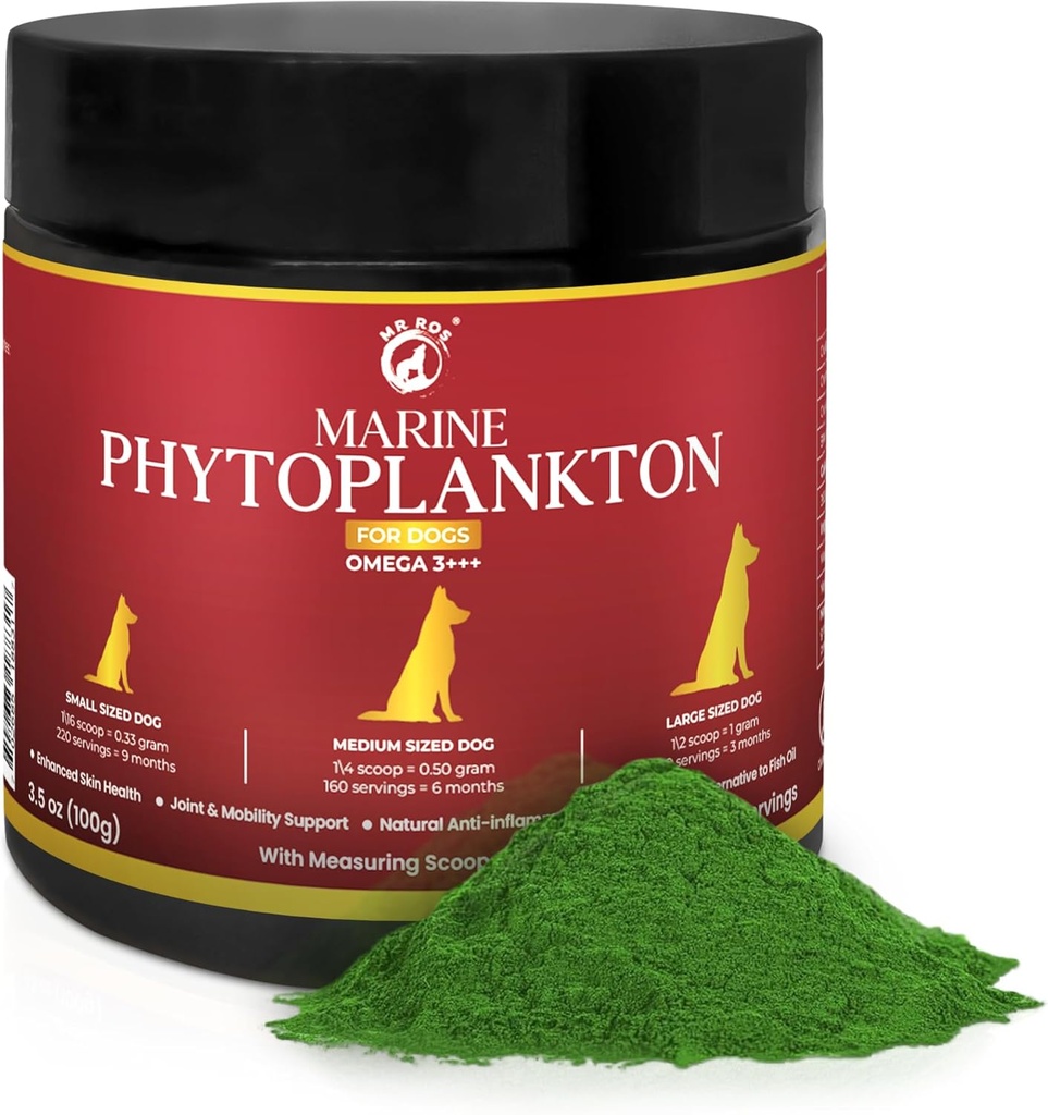 Poudre de phytoplancton marine pour chiens – Omega-3 EPA, Vitamines & Antioxydants, Zinc & Minéraux – Démangeaison de la peau, du manteau et du supplément de soutien immunitaire – Microalgues pures (3.5 oz / 100 g).