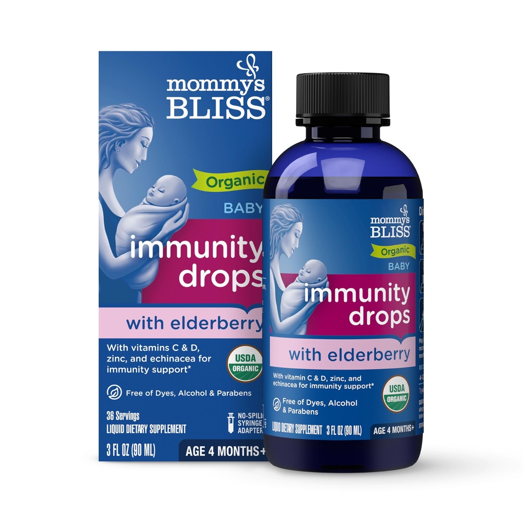 Mami's Bliss Organic Baby Elderberry Tropfen, Immununterstützung mit Vitaminen, Präbiotika, Zink & Organic Echinacea, Alter 4 Monate +, 3 Fl Oz (36 Servietten)