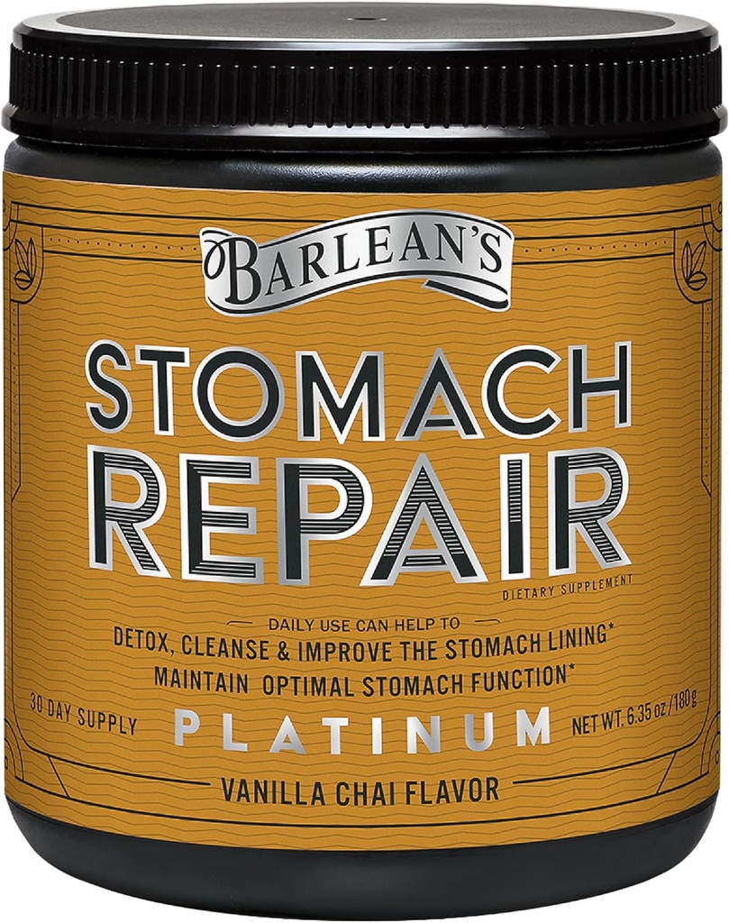 Barlean's Stomach Repair Gut Health Powder Supplément, Fibre et Suppléments de soutien digestif Mélange pour désintoxication et nettoyage, Vanilla Chai Drink Mix, 6,35 oz