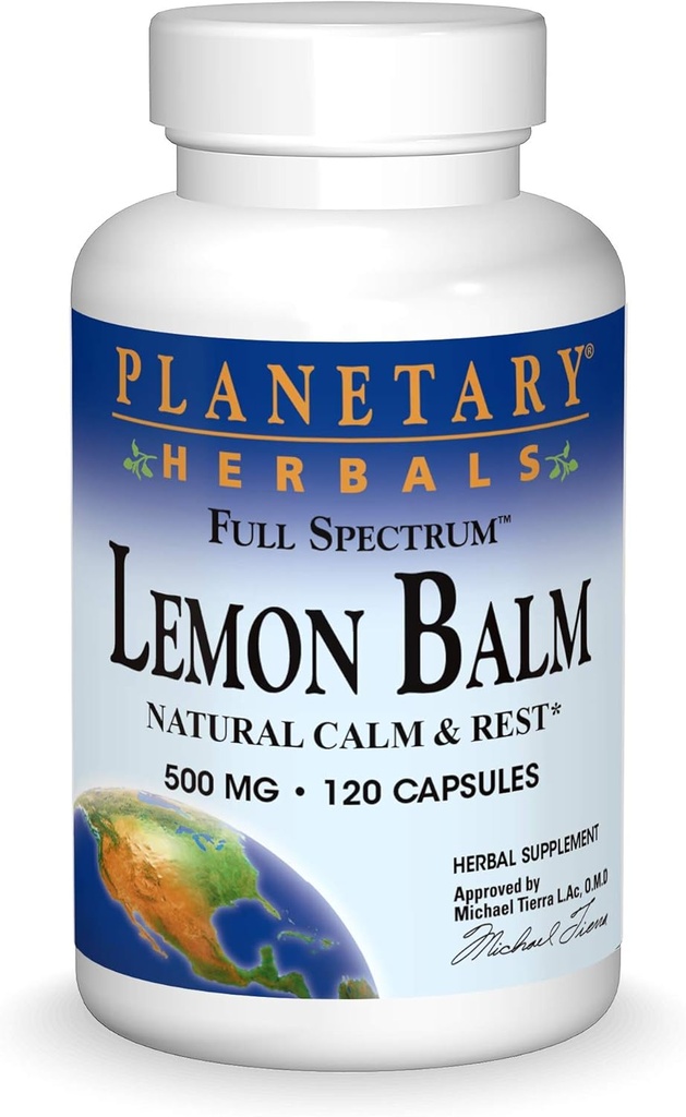 Planetary Herbals Lemon Baume Full Spectrum 500mg, Calme naturel et repos, 120 Capsules