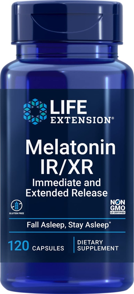 Lebensverlängerung Melatonin IR/XR 120 Kapseln - Sofort & 7 Hour Extended-Release - Nachtzeit-Ergänzung - Unterstützt bleiben schlafen - Non-GMO, Gluten-Free