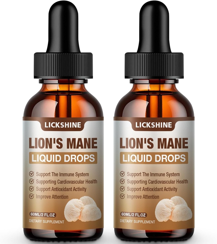2 Pack Lions Mane Ergänzung flüssige Pilz Extrakt Tropfen für Gedächtnis, Fokus & Klarheit - Brain Booster - Lions Mane Tincture für natürliche Immununterstützung, Vegan, Organic, 2 Fl Oz