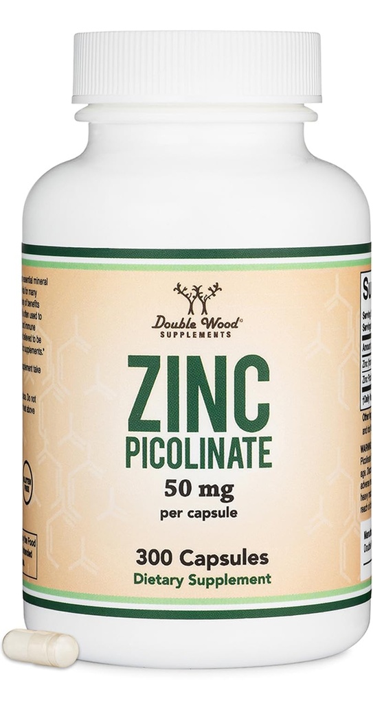 Picolinate de zinc 50mg, 300 Capsules (support immunitaire) Non-OGM, sans gluten (approvisionnement de 300 jours) par deux suppléments en bois