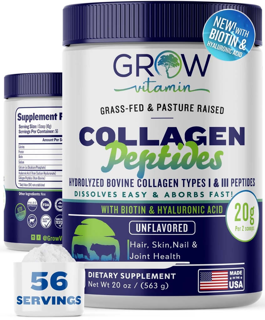 Collagen Peptides Powder 20g mit Hyaluronsäure & Biotin - Unflavored Grass Fed Collagen Powder mit hydrolysiertem Typ I & III Collagen Supplements - Haar, Nagel, Haut und Gelenkunterstützung - 56 Servierungen