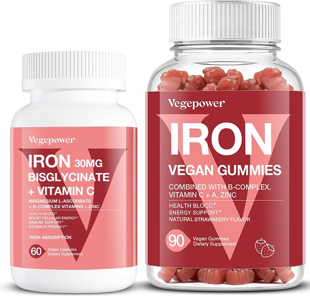 Vegan Eisen Gummis Erdbeere Plus Eisen Bisglycinat 30MG | Vegan Eisen Supplement Unterstützung für Blut Gesund und tägliche Energie für Erwachsene & Kinder - 90 Count+60 Count