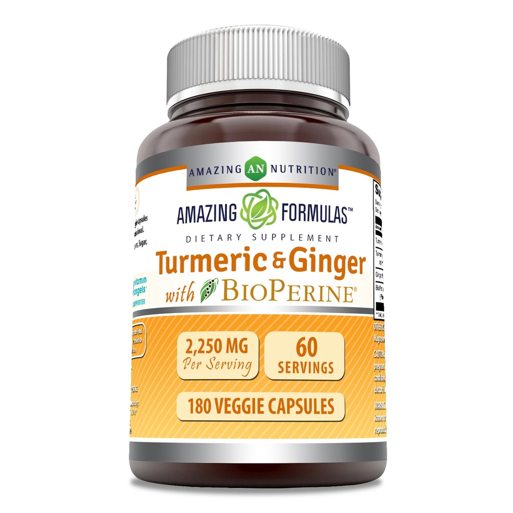 Erstaunliche Formeln Turmeric Curcumin & Ginger mit BioPerine 2250 mg Pro Servieren Veggie Kapseln | Non-GMO | Gluten Free Made in USA | Ideal für Vegetarier (180 Zähler)