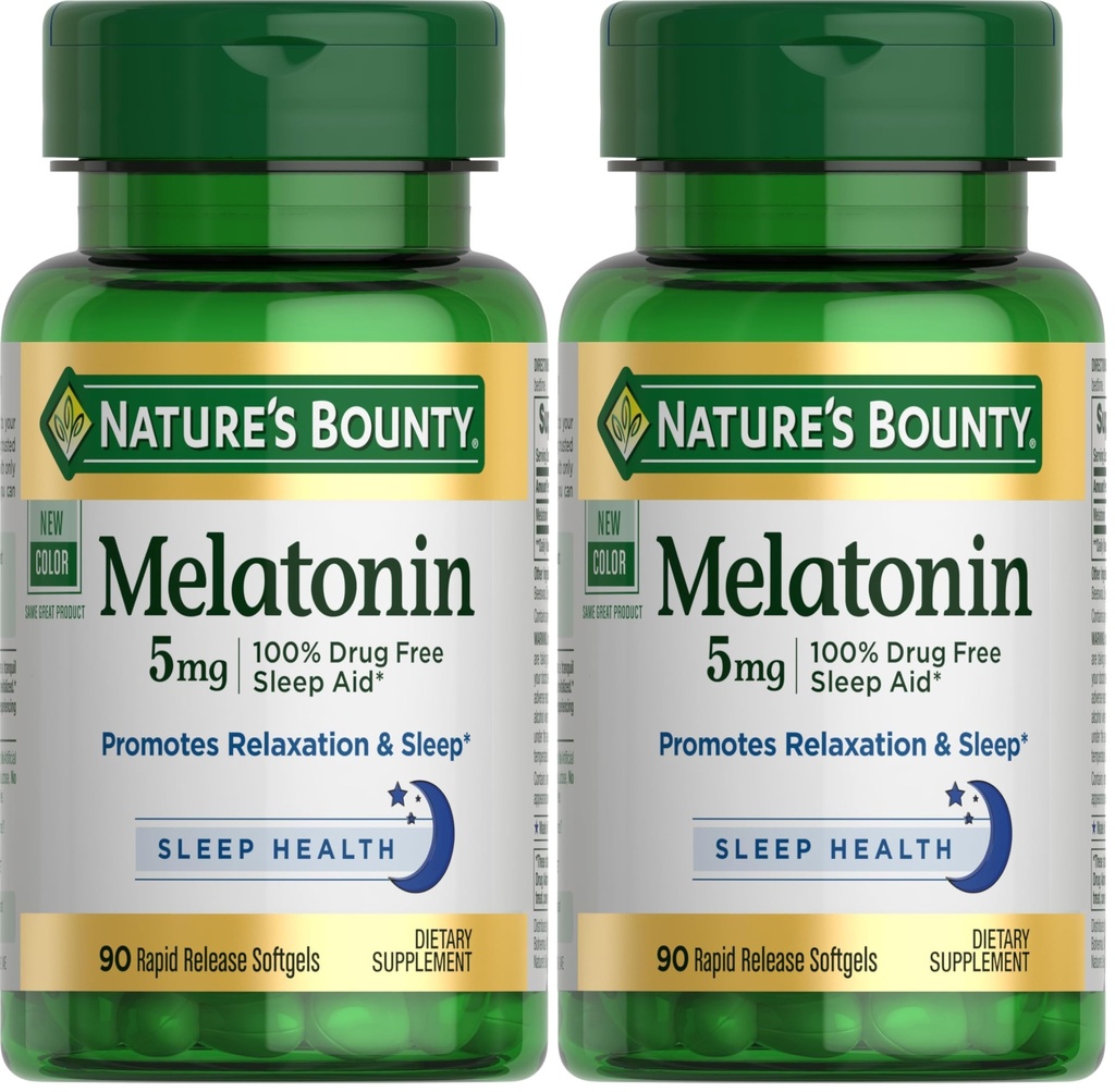 Nature's Bounty Melatonine, 100% sans médicament aide au sommeil, complément alimentaire, favorise la relaxation et la santé du sommeil, 5mg, 90 Softgels (Pack de 2)
