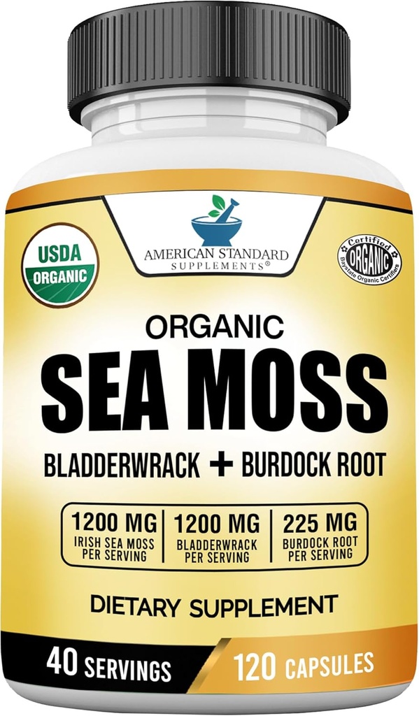 American Standard Supplements Bio Sea Moss, Bladderwrack & Burdock Root Capsules - 1200mg Seamoss, 1200mg Bladderwrack, 225mg Burdock Root Per Serving - 120 Kapseln, 40 Servietten