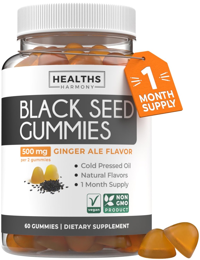 Gommies d'huile de graines noires - Ginger Ale Flavor naturel (non-OGM et végétalien) Nigella Sativa pressée à froid produisant de l'huile de graines de cumin noir pur - 500mg Par 2 Gummy Servir