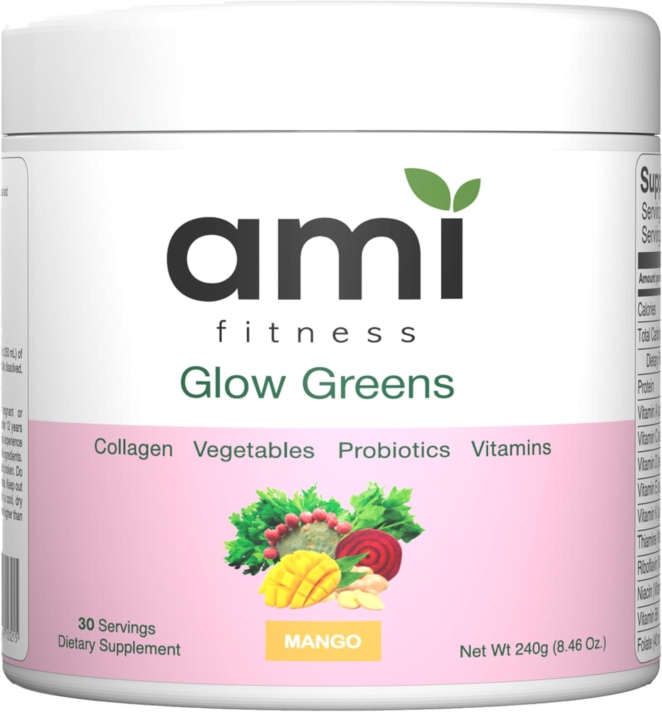Poudre de Glow Greens, Collagène avec Probiotiques, Vitamines, Enzymes digestifs, Superaliments, Santé Gut, Soulagement de Bloating, Peau radiante, Glow naturel, Spiruline, 30 SVG, Mangue